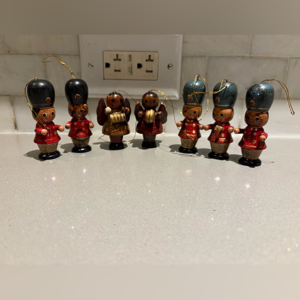 Vintage Antique Handcrafted Wooden Ornaments - Set of 7